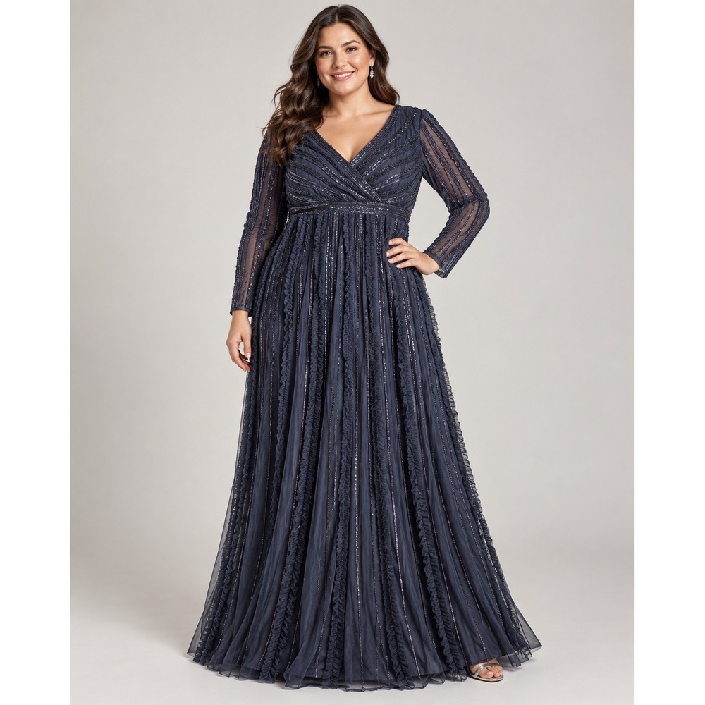 Mac Duggal Navy Beaded Sequin Long Sleeve Ruffle Gown 16 Formal Evening Dress